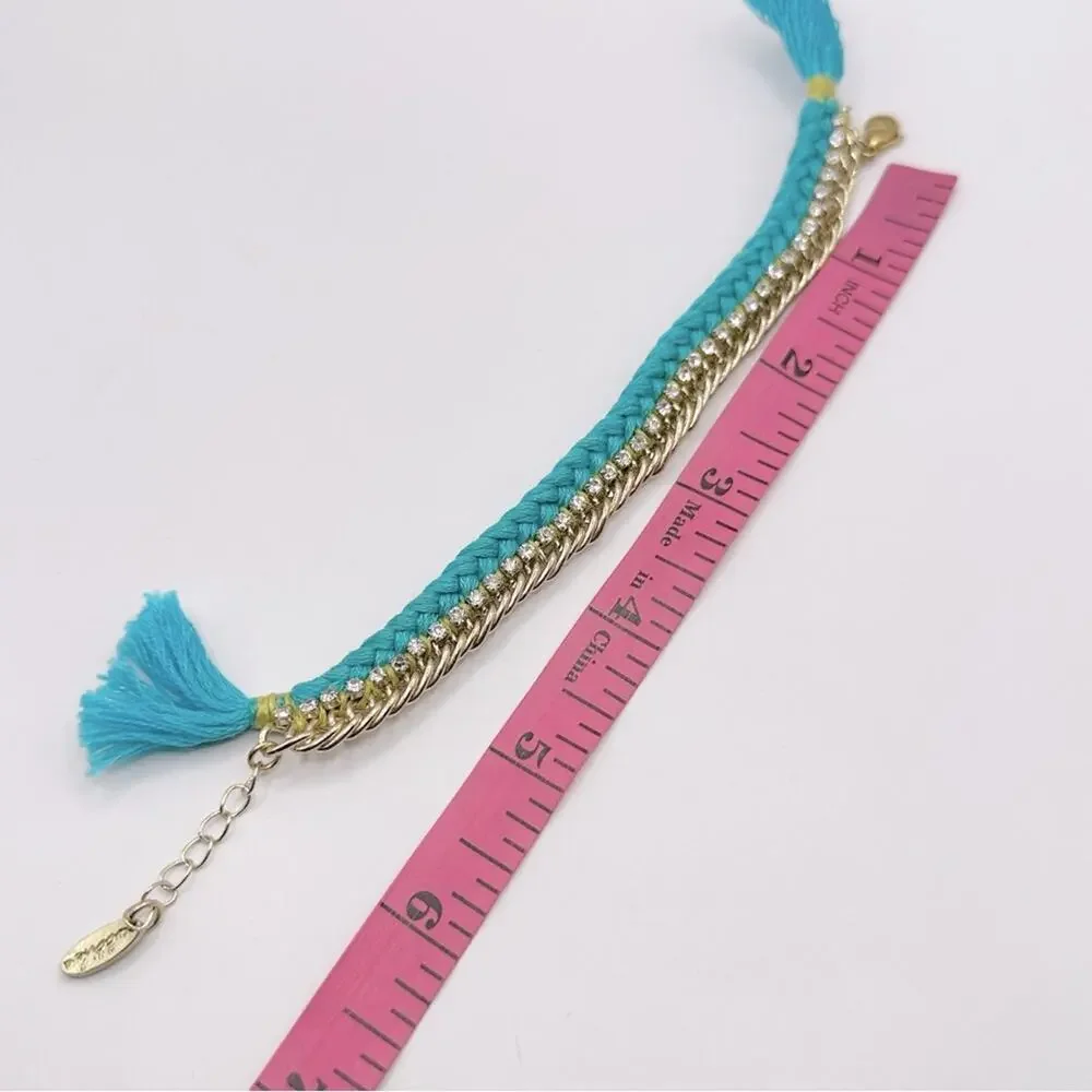 ETTIKA Gold Tone Chain Turquoise Blue Braided Bracelet Tassel Boho Bohemian